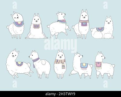 Llama mignon.Dessin d'animaux drôles dans le style de doodle pérou collection lamas vecteur chameau Illustration de Vecteur
