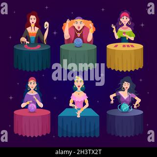 Les scrutateurs de fortune.Sorcières magiciennes avec des boules magiques de cristal de conte de fées personnages vectoriels exacts Illustration de Vecteur