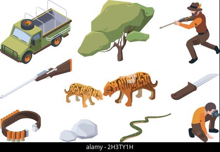 Safari touristique.Chasse sauvage africaine pour animaux aventure tribale natur sable garish vecteur safari isométrique Illustration de Vecteur