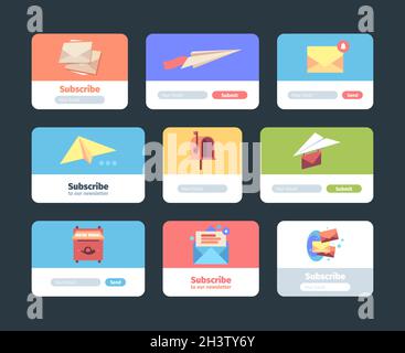 Formulaires d'abonnement par e-mail.Modèles d'interface utilisateur Web pour la conception de la mise en page du formulaire de signe de bulletin d'information pour les abonnés boîte aux lettres symboles garish vecteur set Illustration de Vecteur