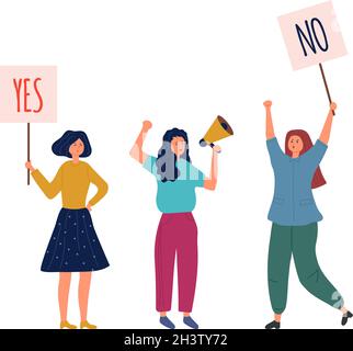 Femme tenant des plaques d'information.Oui, pas de bannières, de protestation et accepté ou de choix négatif et positif.Illustration de vecteur de vote ou de démonstration pour filles Illustration de Vecteur