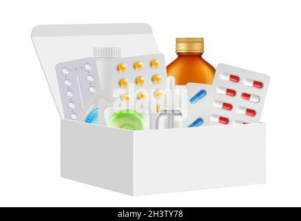 Kit de médicaments.Boîte de premiers soins, pilules réalistes, flacons condoms.Emballage en carton blanc 3d isolé avec illustration du vecteur de médicaments Illustration de Vecteur