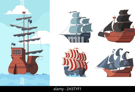 Bateau pirate.Vieux transport maritime océan endommagé bateau en bois galions images vectorielles Illustration de Vecteur