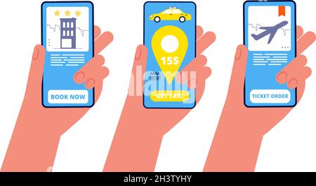 Réservation en ligne.Mains tenant des téléphones avec différentes illustrations vectorielles d'application de voyage Illustration de Vecteur