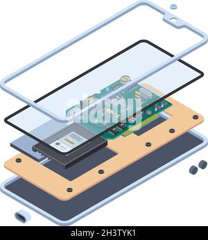 Matériel pour smartphone.Couches isométriques de gadgets à l'intérieur de l'écran tactile ou de la carte mère de tablette pc mobile vecteur de réparation concept de service Illustration de Vecteur