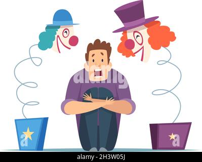 Homme nerveux.Homme en panique, peur des clowns.Isolé hurlant gars, effrayant cirque jouets illustration vectorielle Illustration de Vecteur