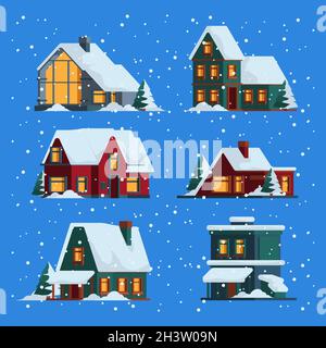 Maisons d'hiver.Noël mignon bâtiments en bois cottage avec Snow cap vector illustrations plates de couleur Illustration de Vecteur