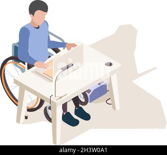 Handicapés au bureau.Personne à la maison handicapés travail d'ordinateur et assis en fauteuil roulant vecteur concept isométrique Illustration de Vecteur