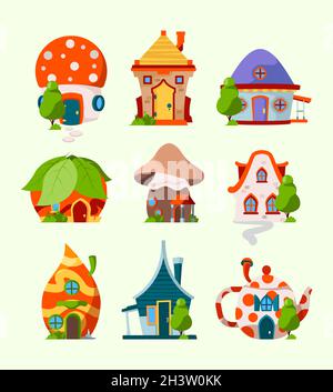 Jolies maisons amusantes.Magie de contes de fées bâtiments leprechun chambre elf forêt châteaux images vectorielles de dessins animés Illustration de Vecteur