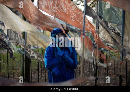 Glasgow, Royaume-Uni.Extinction les rebelles bleus de la rébellion traversent les 500 drapeaux de la ‘Plage du rêve’, une œuvre artistique d’Ali Pretty de Kinetika, près de la 26e Conférence des Nations Unies sur les changements climatiques, connue sous le nom de COP26, à Glasgow, au Royaume-Uni, le 30 octobre 2021.Crédit photo : Jeremy Sutton-Hibbert/Alay Live News. Banque D'Images