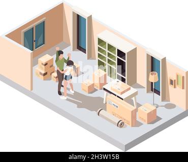 Couple en train de déplacer l'emballage.Les jeunes familles heureux d'ouvrir des paquets dans la maison nouvelle maison appartements vecteur concept isométrique Illustration de Vecteur