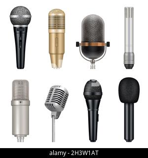 Microphones réalistes.Équipement de studio audio pour le chant et les modèles de vecteur de conversation Illustration de Vecteur