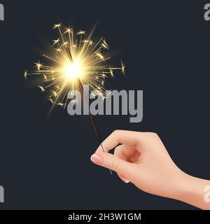 Lumière Bengale en main.Noël fête feux d'artifice anniversaire étincelles bonne vecteur modèle réaliste Illustration de Vecteur