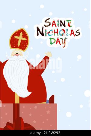 Carte de vœux pour la journée de Saint-Nicolas.Sinterklaas.Vacances religieuses d'hiver.Saint-Nicolas ou Mikulas. Illustration de Vecteur