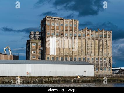 Démolition d'un bâtiment classé dans les années 1930 Imperial Dock silo industriel, réaménagement de la zone portuaire, Leith, Édimbourg, Écosse, Royaume-Uni Banque D'Images