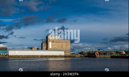 Démolition d'un bâtiment classé dans les années 1930 Imperial Dock silo industriel, réaménagement de la zone portuaire, Leith, Édimbourg, Écosse, Royaume-Uni Banque D'Images