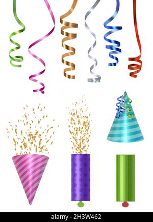 Éléments de fête.Capuchons colorés boutons-pression de fête brillant serpentin et confetti vecteur illustrations réalistes Illustration de Vecteur