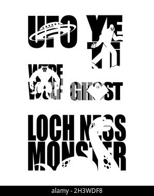 Lettrage paranormal.Loup-garou et zombies Typographie.Lettres OVNI et Yeti.Monstre du Loch Ness et silhouette fantôme de dans le texte Illustration de Vecteur