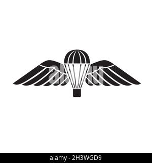 Parachute avec escadres ou insigne de parachutiste utilisé par le Régiment de parachutistes dans les Forces armées britanniques insigne militaire noir et blanc Banque D'Images
