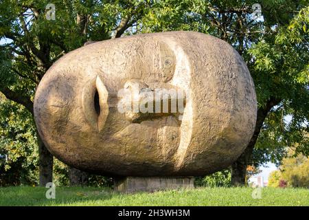 La statue d'Ondre Nowakowski du géant du fer de couchage 1992 est l'une des œuvres d'art publiques commandées par la Heartlands Development Corporation.C'est une grande tête en fonte couchée sur son côté.Proche de St Andrew's, domicile du Birmingham City FC, les fans, les nez bleus peignent régulièrement le nez du géant Banque D'Images