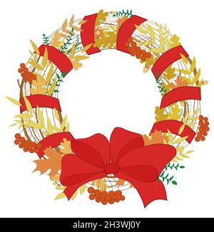Cadre de la couronne de feuilles, d'corne et de rowan isolé sur blanc.Cadre rond vectoriel de couleur dessiné à la main.Modèle pour carte d'automne. Illustration de Vecteur