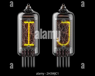 Indicateur du tube Nixie.Lettres i et j sur fond noir.illustration 3d Banque D'Images