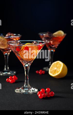 Buvez avec du viburnum rouge, du citron et de la glace.Boisson rafraîchissante, cocktail sans alcool. Banque D'Images