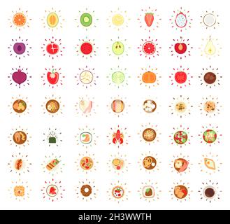 Icônes lumineuses de divers aliments et boissons - Vector Banque D'Images