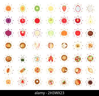 Icônes lumineuses de divers aliments et boissons - Vector Banque D'Images