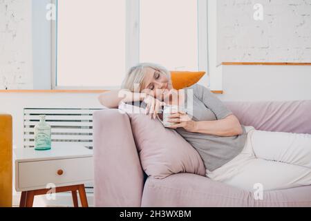 Femme âgée de race blanche qui apprécie le thé de l'après-midi à la maison. Banque D'Images