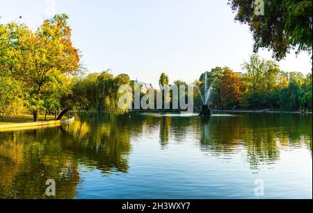 Paysage vert vif près du lac dans le jardin de Cismigiu (Gradina Cismigiu), un parc public dans le centre-ville de Bucarest Banque D'Images