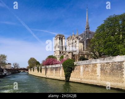 La Cathédrale Notre Dame sur Seine au printemps. Avant l'incendie. Avril 05, 2019. Paris France Banque D'Images