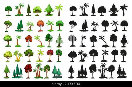 Seth silhouettes noires et arbres réalistes de différentes zones climatiques sur fond blanc - Vector Banque D'Images