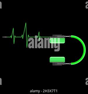 Casque vert avec icône Heartbeat.Musique studio ou écouteurs DJ, symbole d'impulsion de style néon.Illustration vectorielle. Illustration de Vecteur