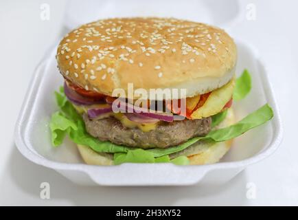 Hamburger savoureux et juteux dans une boîte biodégradable sur fond blanc en studio.Gros plan, mise au point sélective Banque D'Images
