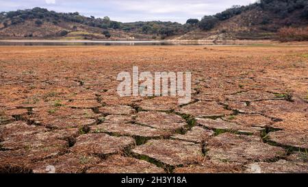 Changement climatique, terre avec des terres sèches et fissurées en Espagne.Paysage de sécheresse du sol.Crise de l'eau, fissures de la terre près de l'eau de séchage.Sol sans eau.NAT Banque D'Images