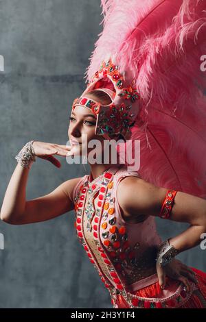 Femme en costume de samba ou de lambada avec plumage de plumes roses Banque D'Images