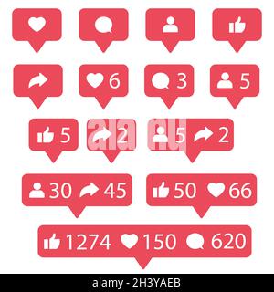 icônes de réseaux sociaux, commentaires, j'aime sur fond blanc. panneau d'évaluation des réseaux sociaux. style plat. Banque D'Images