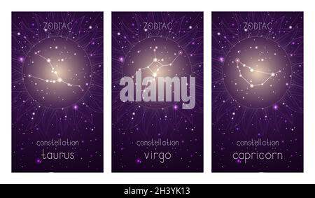 Ensemble de trois cartes avec constellations de zodiac et symbole géométrique abstrait contre le ciel étoilé.Collection des éléments de la Terre : taurus, virgo, c Illustration de Vecteur