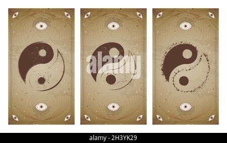 Ensemble vectoriel de trois signes yin yang sur arrière-plans vintage avec forme géométrique et cadres. Symboles avec éléments de grunge. En sépia. Pour vous desi Illustration de Vecteur