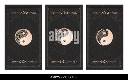 Ensemble vectoriel de trois signes yin yang sur fond sombre avec forme géométrique, textures et cadres grunge.Symboles avec grunge et éléments floraux.Illustration Illustration de Vecteur
