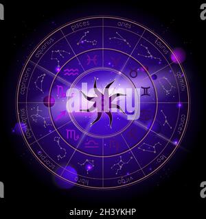 Illustration vectorielle du cercle de l'Horoscope, des signes du zodiaque et des constellations d'astrologie sur fond spatial avec planètes, étoiles et patte géométrique Illustration de Vecteur
