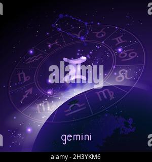Illustration vectorielle du signe 3D et de la constellation GEMINI avec un cercle d'horoscope en perspective sur le fond de l'espace avec le lever du soleil et la terre. Illustration de Vecteur