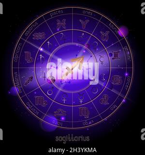 Illustration vectorielle du signe et de la constellation SAGITTAIRE et Horoscope cercle avec des pictogrammes d'astrologie sur le fond de l'espace avec les planètes et Illustration de Vecteur