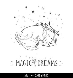 Illustration vectorielle d'une jolie licorne de sommeil dessinée à la main avec des étoiles et du texte MAGIC DREAMS sur fond de ciel.Style de dessin animé.Monochrome. Illustration de Vecteur