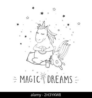 Illustration vectorielle d'une jolie licorne avec étoiles, café et texte MAGIC DREAMS sur fond de ciel.Style de dessin animé.Monochrome. Illustration de Vecteur