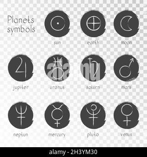 Ensemble vectoriel d'icônes de grunge avec symboles de planètes astrologiques sur un fond transparent.Collection de signes: soleil, terre, lune, saturne, uranus,neptune, Illustration de Vecteur