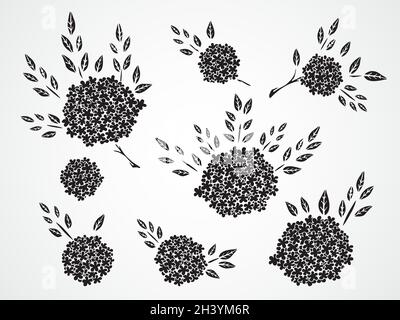 Ensemble vectoriel de silhouettes noires fleurs, branches et feuilles dessinées à la main. Illustration de Vecteur