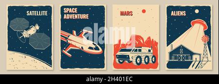 Affiches, bannières, dépliants de mission spatiale.Concept d'illustration vectorielle pour chemise, imprimé, timbre.Motif typographique vintage avec fusée spatiale, mars rover Illustration de Vecteur