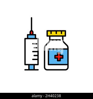Icône vaccin.Seringue et flacon de médicament avec une croix.Pixel Perfect, icône colorée de contour modifiable Illustration de Vecteur